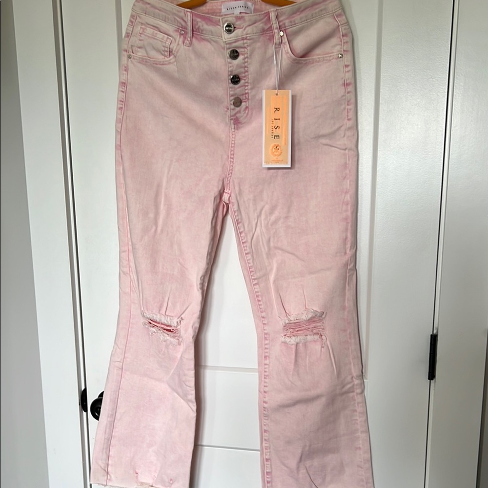 Pink Acid Wash Risen Flare  Leg Jeans with Distressed Details